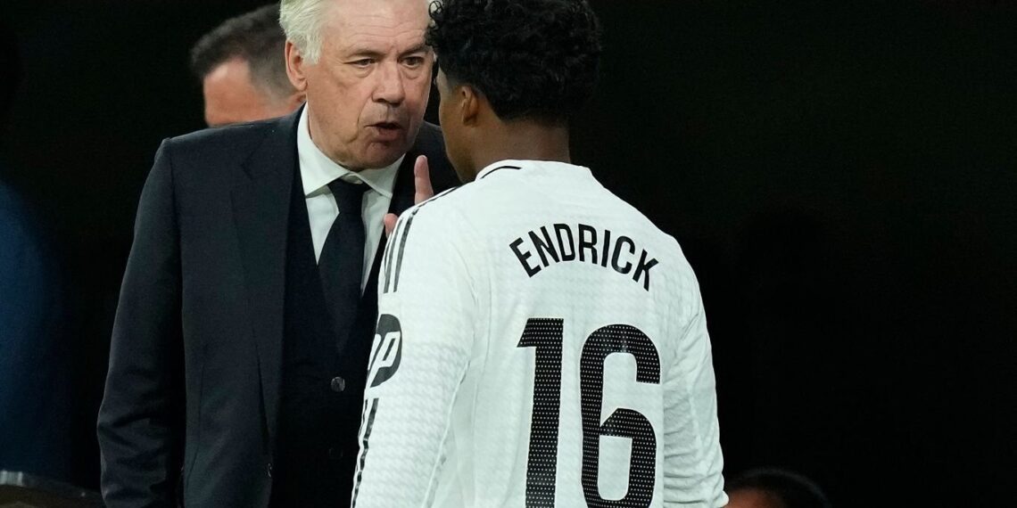 Carlo Ancelotti head coach of Real Madrid gives instructions to  Endrick centre-forward of Real Madrid and Brazil during the LaLiga match between Real Madrid CF and Athletic Club at Estadio Santiago Bernabeu on April 20, 2025 in Madrid, Spain. (Photo by Jose Breton/Pics Action/NurPhoto via Getty Images)