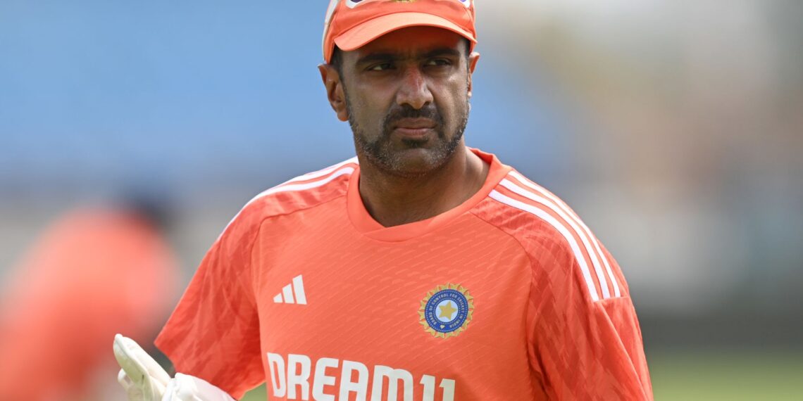 RAJKOT, INDIA - FEBRUARY 13:  Ravichandran Ashwin of India during the India Net Session at Saurashtra Cricket Association Stadium on February 13, 2024 in Rajkot, India. (Photo by Gareth Copley/Getty Images)