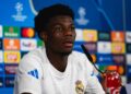 MADRID, SPAIN - SEPTEMBER 15: Aurelien Tchouameni of Real Madrid speaks in the press room during the Training Session and Press Conference ahead of the UEFA Champions League 2024/25 match against Olympique de Marseille at Ciudad Real Madrid on September 15, 2025 in Valdebebas, Spain. (Photo by Alberto Gardin/Eurasia Sport Images/Getty Images)