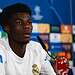 MADRID, SPAIN - SEPTEMBER 15: Aurelien Tchouameni of Real Madrid speaks in the press room during the Training Session and Press Conference ahead of the UEFA Champions League 2024/25 match against Olympique de Marseille at Ciudad Real Madrid on September 15, 2025 in Valdebebas, Spain. (Photo by Alberto Gardin/Eurasia Sport Images/Getty Images)