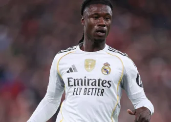 LIVERPOOL, ENGLAND - NOVEMBER 04:  Eduardo Camavinga of Real Madrid during the UEFA Champions League 2025/26 League Phase MD4 match between Liverpool FC and Real Madrid C.F. at Anfield on November 04, 2025 in Liverpool, England. (Photo by Alex Livesey - Daneho