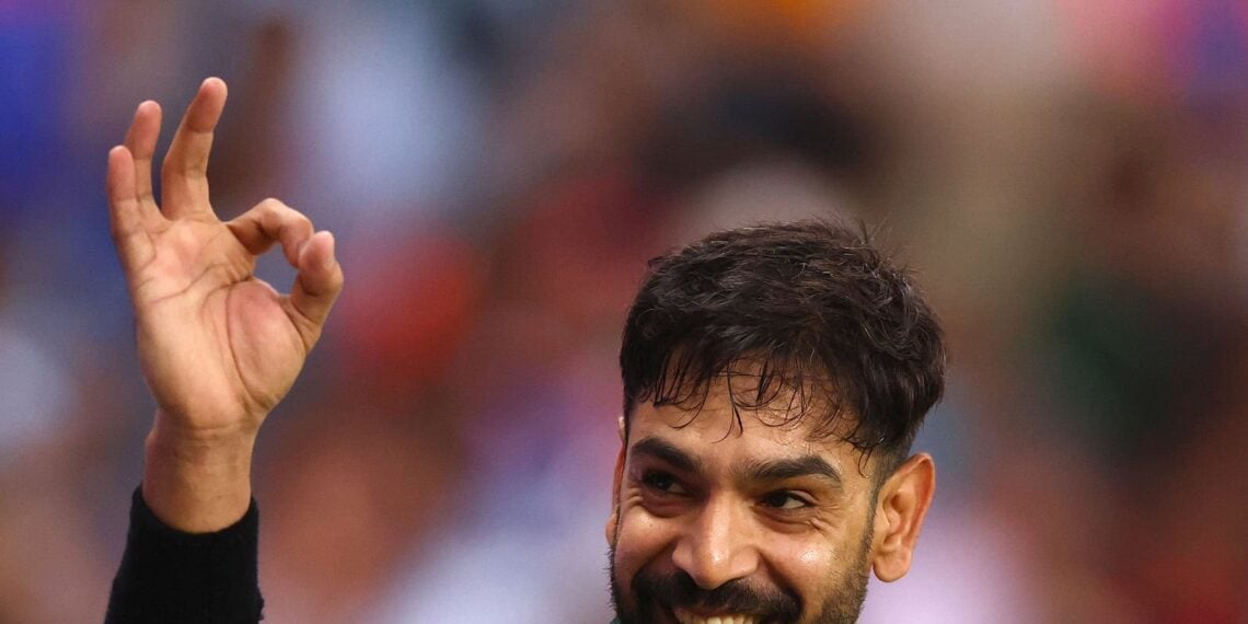 DUBAI, UNITED ARAB EMIRATES - SEPTEMBER 21: Haris Rauf of Pakistan gestures to the crowd during the Asia cup match between India and Pakistan at Dubai International Stadium on September 21, 2025 in Dubai, United Arab Emirates.  (Photo by Francois Nel/Getty Images)