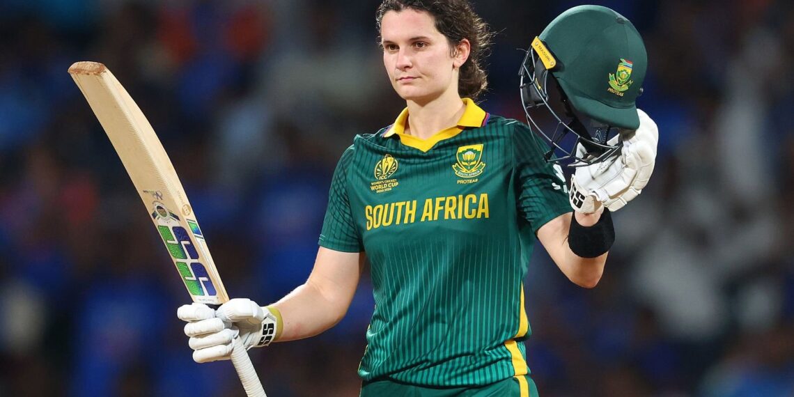 NAVI MUMBAI, INDIA - NOVEMBER 02: Laura Wolvaardt of South Africa celebrates her century during the ICC Women's Cricket World Cup India 2025 Final match between India and South Africa at Dr. DY Patil Sports Academy on November 02, 2025 in Navi Mumbai, India. (