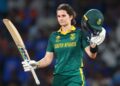 NAVI MUMBAI, INDIA - NOVEMBER 02: Laura Wolvaardt of South Africa celebrates her century during the ICC Women's Cricket World Cup India 2025 Final match between India and South Africa at Dr. DY Patil Sports Academy on November 02, 2025 in Navi Mumbai, India. (
