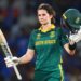NAVI MUMBAI, INDIA - NOVEMBER 02: Laura Wolvaardt of South Africa celebrates her century during the ICC Women's Cricket World Cup India 2025 Final match between India and South Africa at Dr. DY Patil Sports Academy on November 02, 2025 in Navi Mumbai, India. (