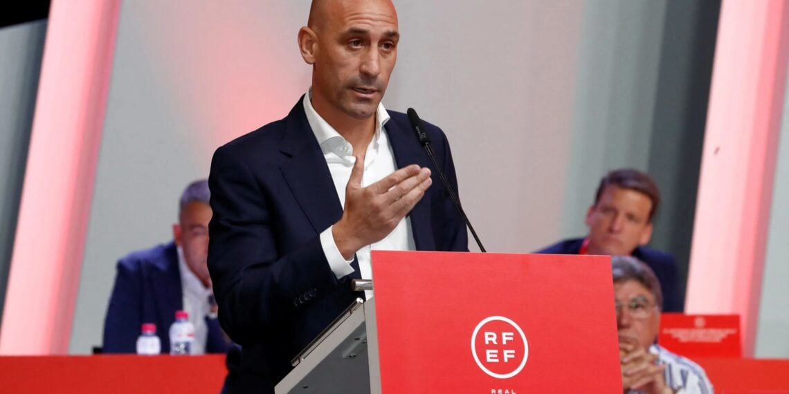 Soccer Football - Spanish Soccer Federation Meeting - Ciudad Del Futbol Las Rozas, Las Rozas, Spain - August 25, 2023  President of the Royal Spanish Football Federation Luis Rubiales announces he will be staying as president during the meeting RFEF/Handout via REUTERS