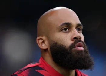 MANCHESTER, ENGLAND - SEPTEMBER 14: Bryan Mbeumo of Manchester United looks on during the warm up prior to the Premier League match between Manchester City and Manchester United at Etihad Stadium on September 14, 2025 in Manchester, England. (Photo by Alex Livesey - Danehouse/Getty Images)