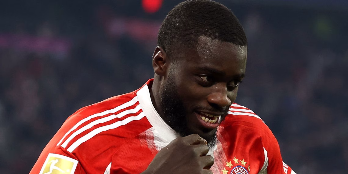 MUNICH, GERMANY - NOVEMBER 22: Dayot Upamecano of Bayern Munich celebrates scoring his team's third goal during the Bundesliga match between FC Bayern M?nchen and SC Freiburg at Allianz Arena on November 22, 2025 in Munich, Germany. (Photo by Alexander Hassenstein/Getty Images)