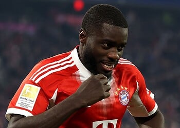 MUNICH, GERMANY - NOVEMBER 22: Dayot Upamecano of Bayern Munich celebrates scoring his team's third goal during the Bundesliga match between FC Bayern M?nchen and SC Freiburg at Allianz Arena on November 22, 2025 in Munich, Germany. (Photo by Alexander Hassenstein/Getty Images)