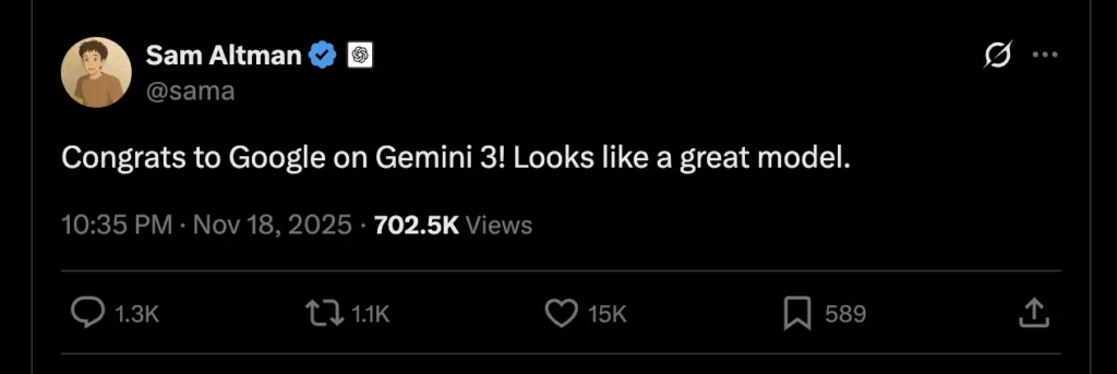 Sam Altman Praises Google's Gemini 3: Rare Cross-Industry Endorsement
