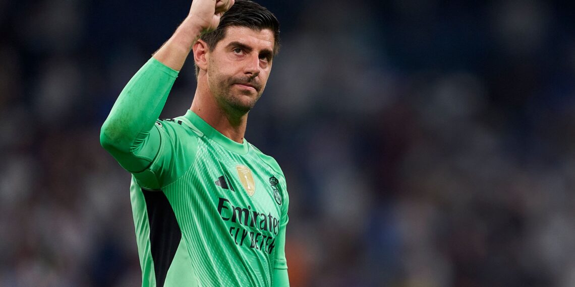 MADRID, SPAIN - SEPTEMBER 16: Thibaut Courtois of Real Madrid celebrates his team's victory following the UEFA Champions League 2025/26 League Phase MD1 match between Real Madrid C.F. and Olympique de Marseille at Estadio Santiago Bernabeu on September 16, 2025 in Madrid, Spain. (Photo by Pedro Salado/Getty Images)
