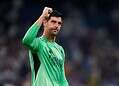 MADRID, SPAIN - SEPTEMBER 16: Thibaut Courtois of Real Madrid celebrates his team's victory following the UEFA Champions League 2025/26 League Phase MD1 match between Real Madrid C.F. and Olympique de Marseille at Estadio Santiago Bernabeu on September 16, 2025 in Madrid, Spain. (Photo by Pedro Salado/Getty Images)