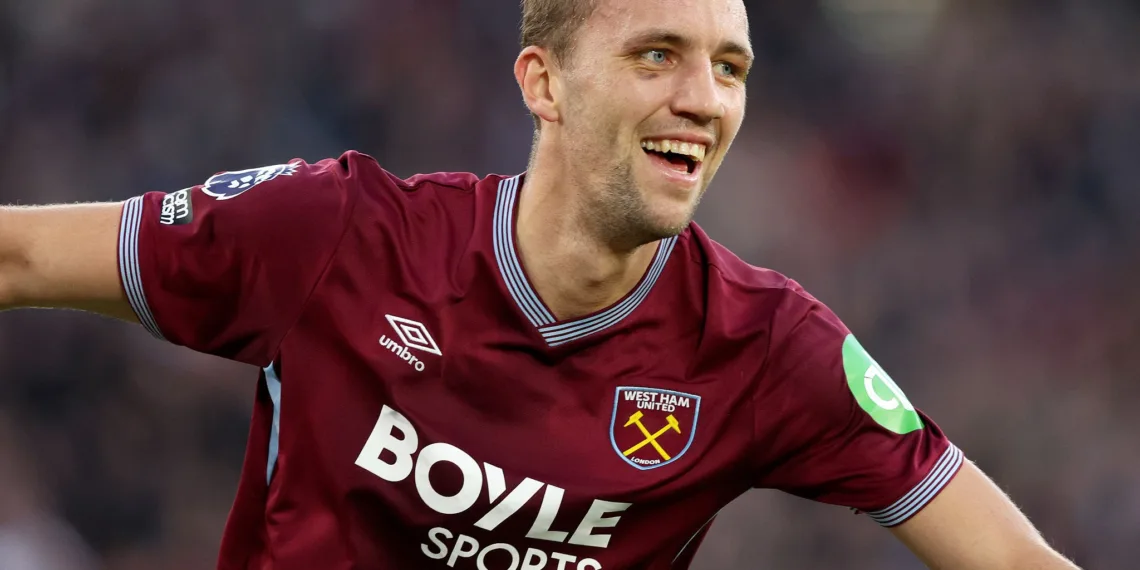 LONDON, ENGLAND - NOVEMBER 2: Tomas Soucek of West Ham United celebrates 3rd goal during the Premier League match between West Ham United and Newcastle United at London Stadium on November 2, 2025 in London, England. (Photo by Neal Simpson/Sportsphoto/Allstar via Getty Images)