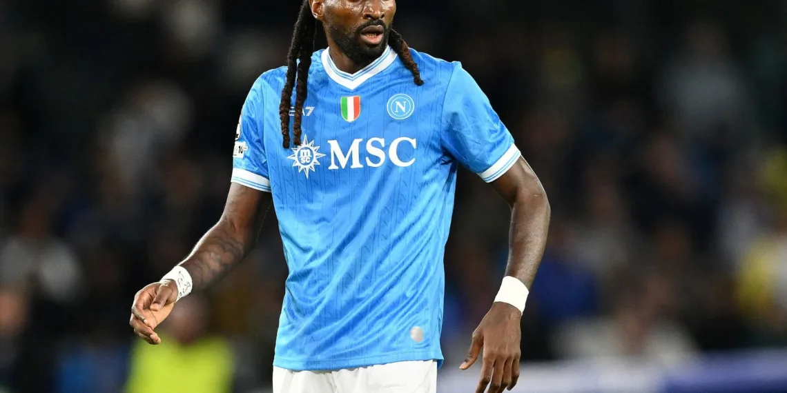 NAPLES, ITALY - OCTOBER 01: Andr?-Frank Zambo Anguissa of SSC Napoli looks on during the UEFA Champions League 2025/26 League Phase MD2 match between SSC Napoli and Sporting Clube de Portugal at Stadio Diego Armando Maradona on October 01, 2025 in Naples, Italy. (Photo by Giuseppe Bellini/Getty Images)