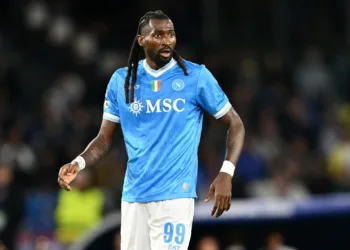 NAPLES, ITALY - OCTOBER 01: Andr?-Frank Zambo Anguissa of SSC Napoli looks on during the UEFA Champions League 2025/26 League Phase MD2 match between SSC Napoli and Sporting Clube de Portugal at Stadio Diego Armando Maradona on October 01, 2025 in Naples, Italy. (Photo by Giuseppe Bellini/Getty Images)