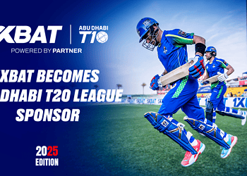 Cricket players celebrating on field during Abu Dhabi T20 League sponsored by 1XBAT.