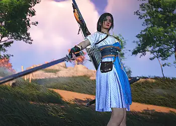 Bold fantasy warrior with a bow and arrow in a scenic outdoor setting during twilight.