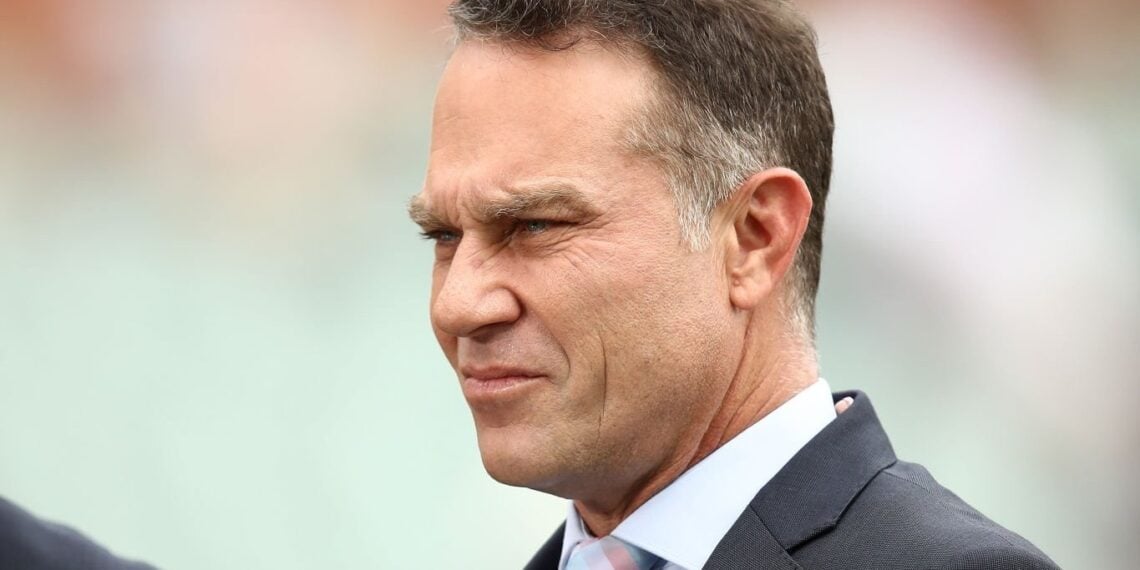 ADELAIDE, AUSTRALIA - DECEMBER 07: Michael Slater commentates for Seven during day two of the First Test match in the series between Australia and India at Adelaide Oval on December 07, 2018 in Adelaide, Australia. (Photo by Ryan Pierse/Getty Images)