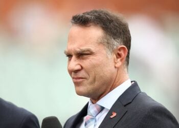 ADELAIDE, AUSTRALIA - DECEMBER 07: Michael Slater commentates for Seven during day two of the First Test match in the series between Australia and India at Adelaide Oval on December 07, 2018 in Adelaide, Australia. (Photo by Ryan Pierse/Getty Images)