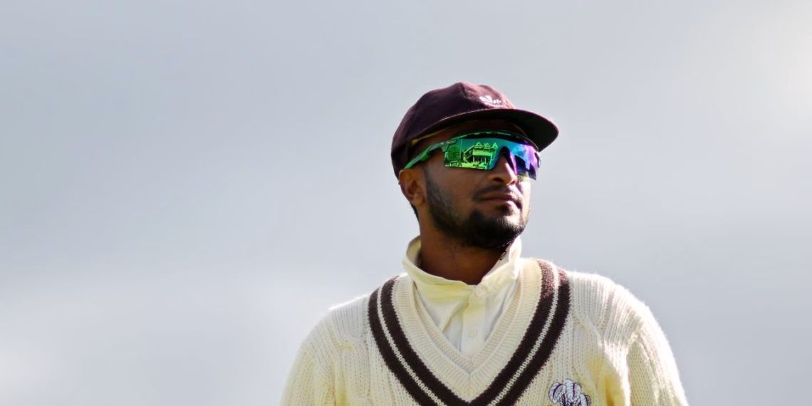 TAUNTON, ENGLAND - SEPTEMBER 11: Shakib Al Hasan of Surrey looks on during Day Three of the Vitality County Championship Division One match between Somerset and Surrey at The Cooper Associates County Ground on September 11, 2024 in Taunton, England. (Photo by Harry Trump/Getty Images)