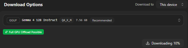 LM Studio Bionic downloading Gemma 4 12B model with Full GPU Offload on RTX 5090