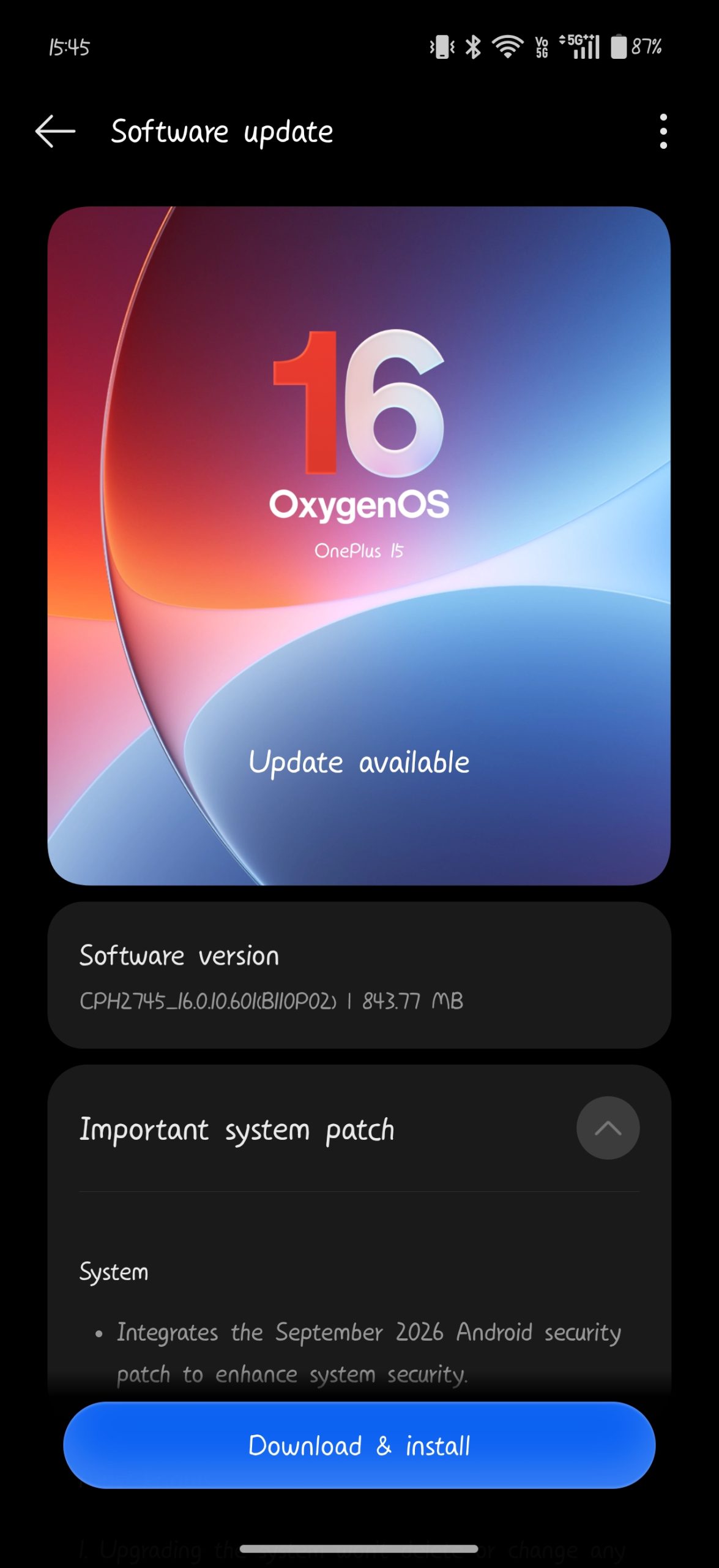 OnePlus 15 OxygenOS 16 update available screen