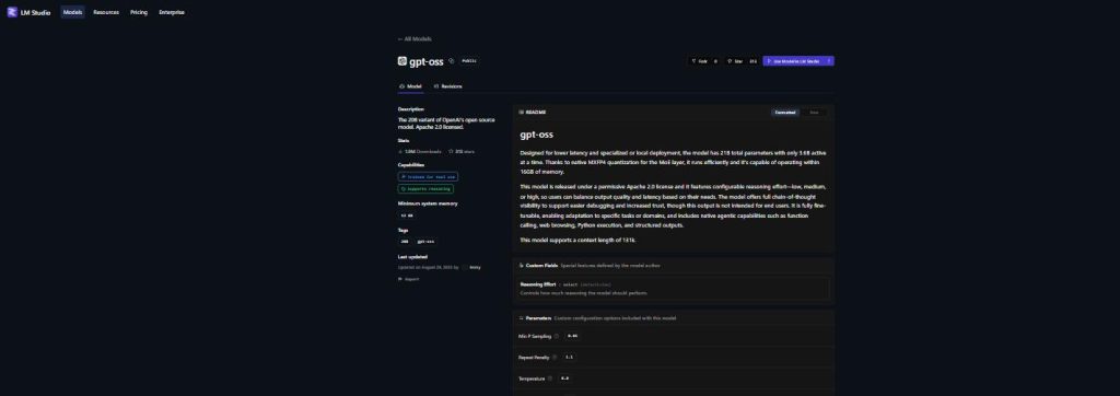LM Studio model browser page for gpt-oss-20b showing minimum system memory and Apache 2.0 license details