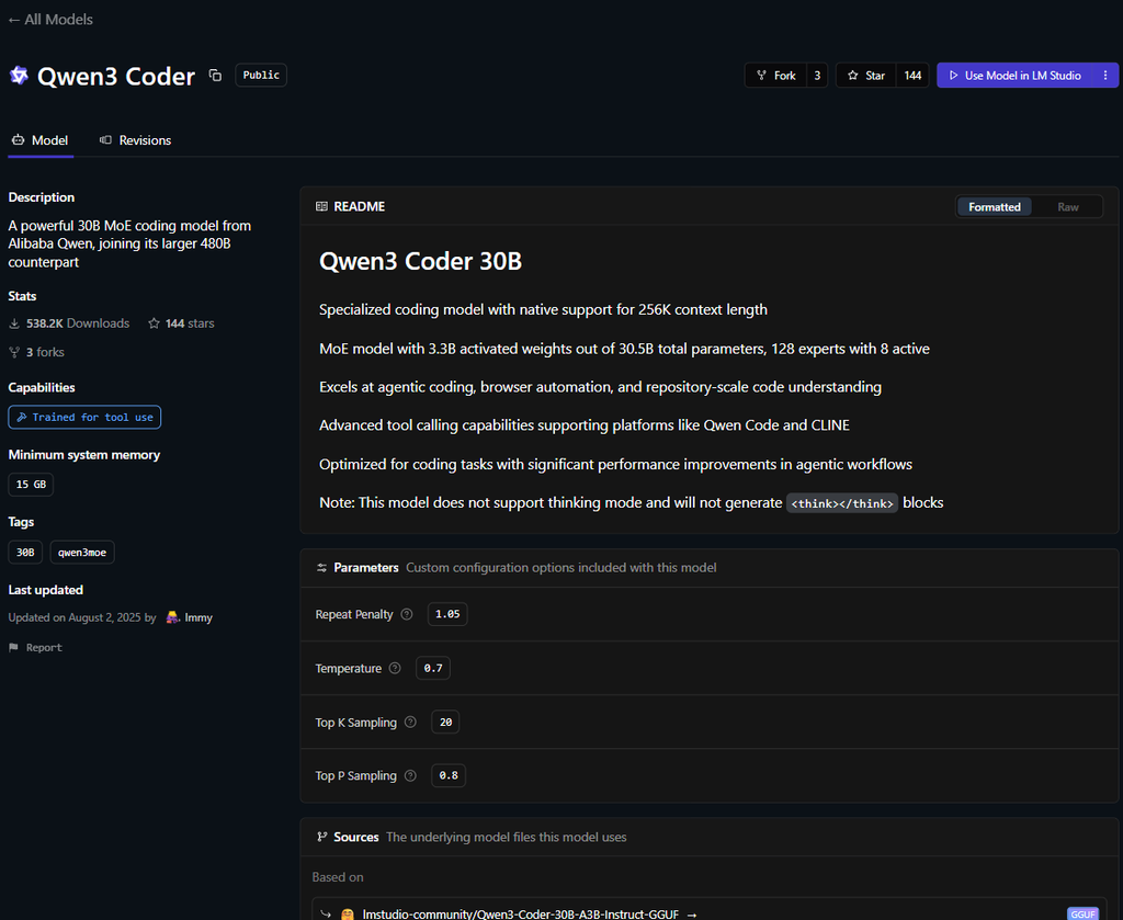 LM Studio model browser showing the official Qwen3 Coder 30B listing, used to run qwen3-coder locally through a chat GUI