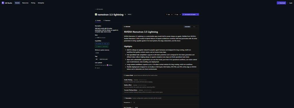 LM Studio model browser search results for run nemotron 3.5 lightning locally GGUF build