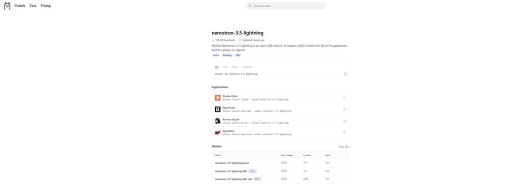 Ollama model library page for Nemotron 3.5 Lightning 30b, run nemotron 3.5 lightning locally