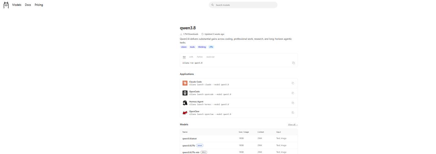 Ollama library page showing the qwen3.8 27B model used to run Qwen 3.8 locally with 18GB size and 256K context