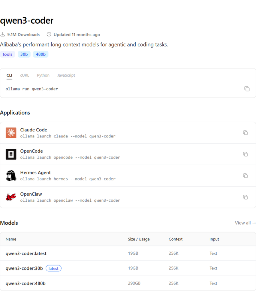 Ollama official qwen3-coder model library page listing the 30b and 480b tags, showing how to run qwen3-coder locally with ollama run qwen3-coder