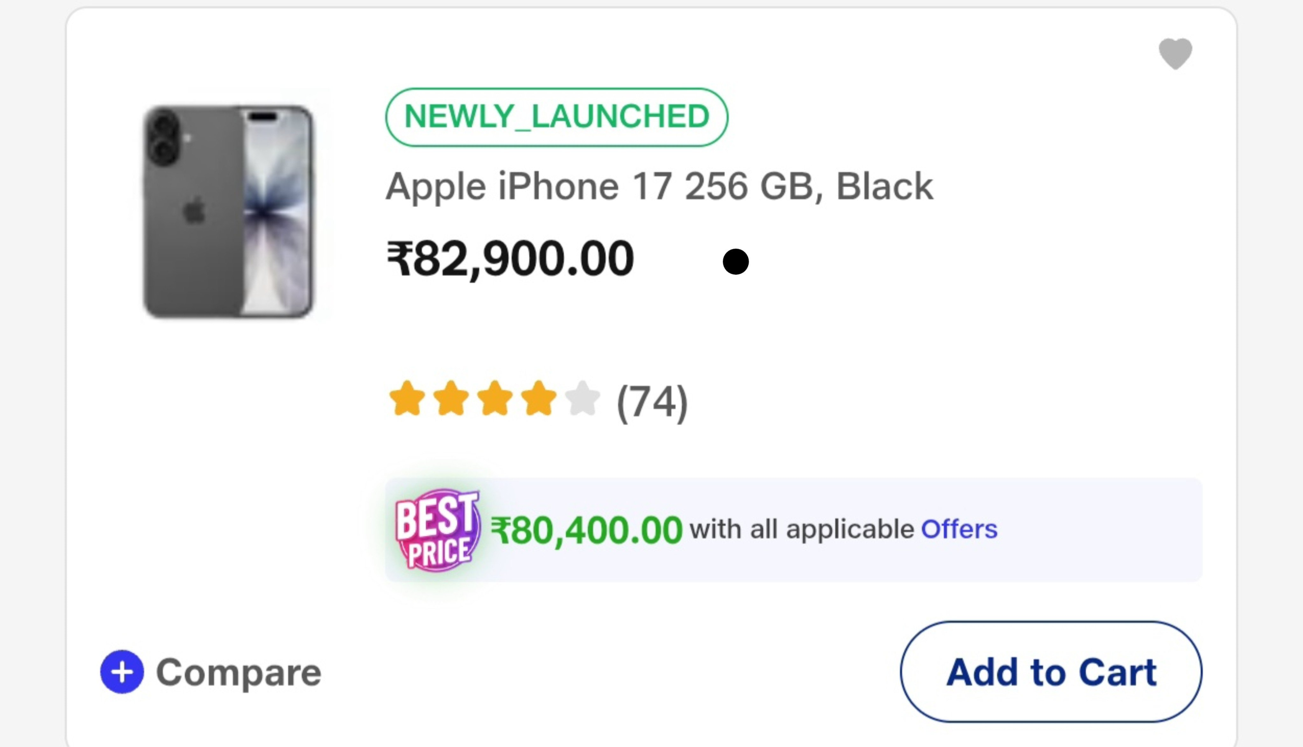 Reliance Digital iPhone 17 listing showing best price with applicable offers